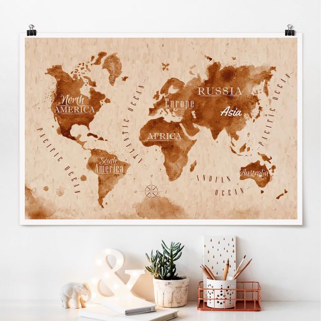 køkken dekorationer World Map Watercolour Beige Brown
