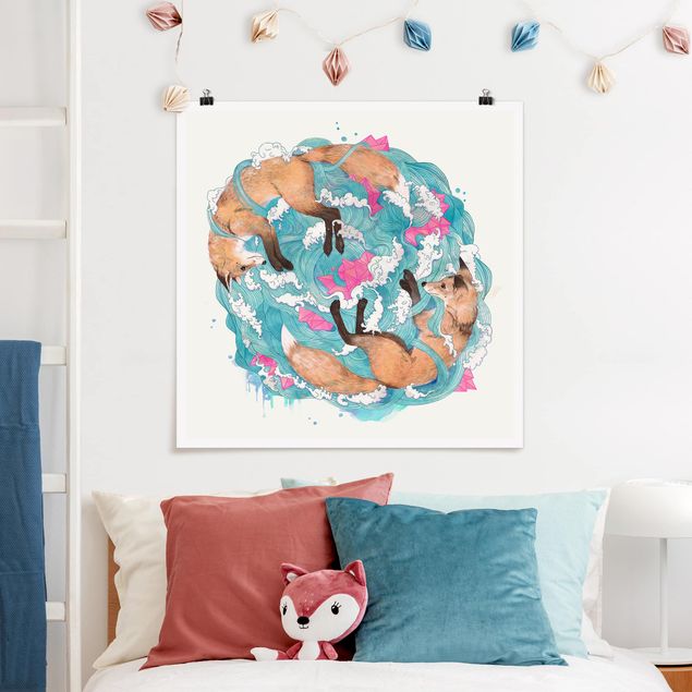 Plakater kunsttryk Illustration Foxes And Waves Painting