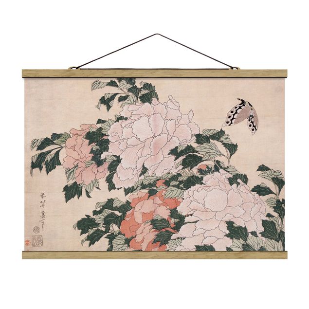 Billeder blomster Katsushika Hokusai - Pink Peonies With Butterfly
