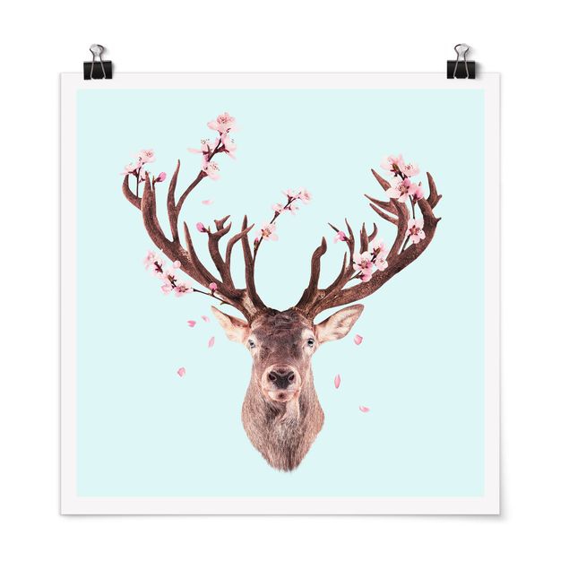 Plakater blomster Deer With Cherry Blossoms
