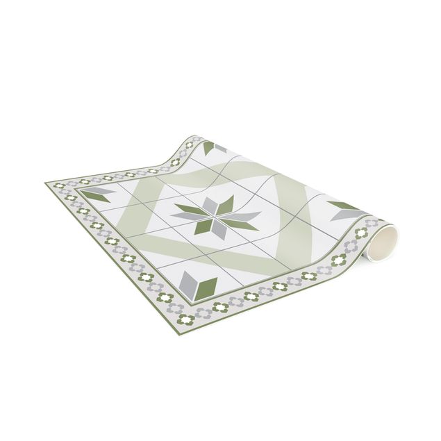 Tæpper fliselook Geometrical Tiles Rhombic Flower Olive Green With narrow Border