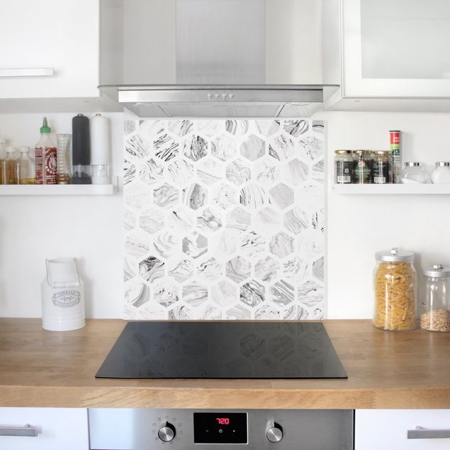 Stænkplader glas mønstre Marble Hexagons In Greyscales