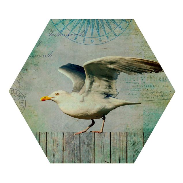 Billeder blå Vintage Collage - Seagull On Wooden Planks