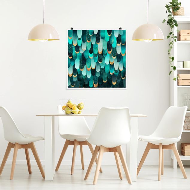 Plakater abstrakt Feathers Gold Turquoise