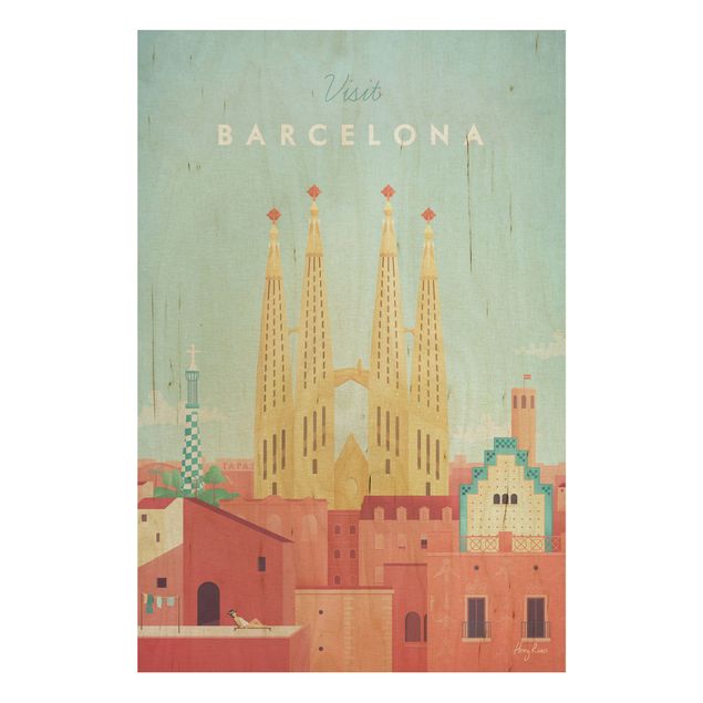 Prints på træ vintage Travel Poster - Barcelona