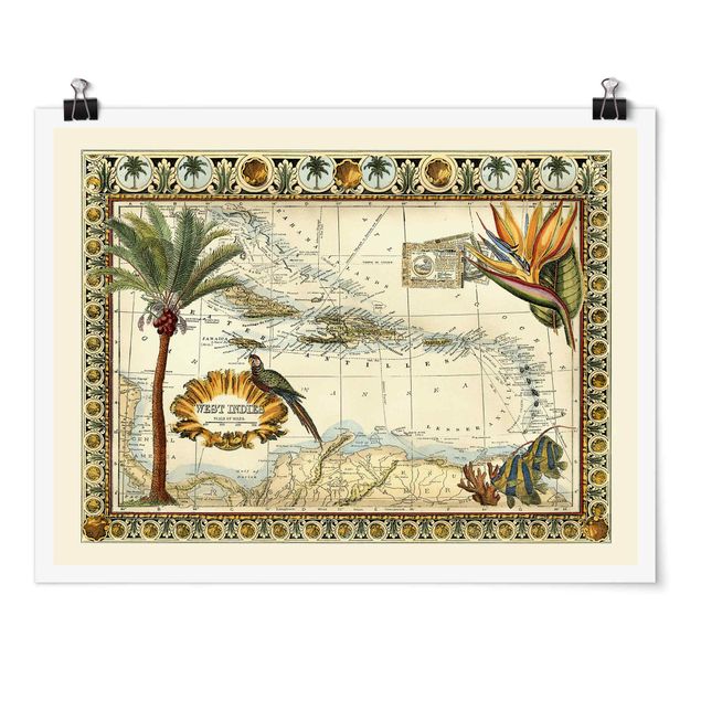 Plakater blomster Vintage Tropical Map West Indies