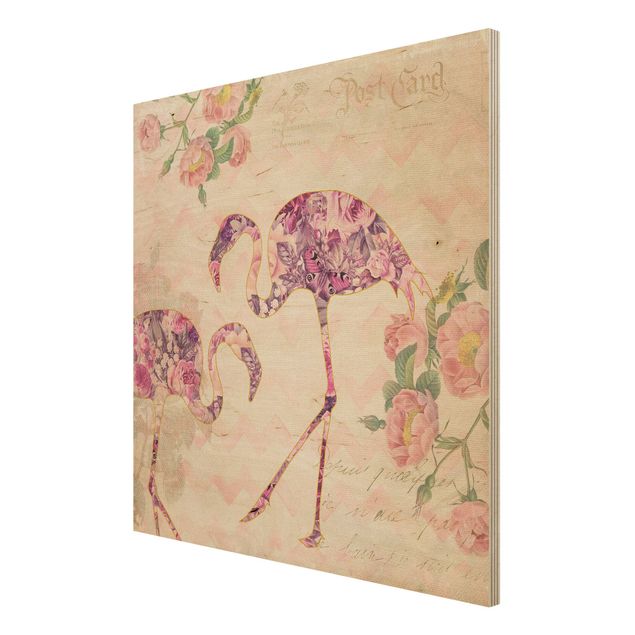 Prints på træ vintage Vintage Collage - Pink Flowers Flamingos
