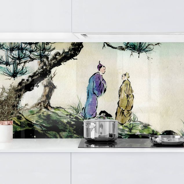 køkken dekorationer Japanese Watercolour Drawing Pine And Mountain Village