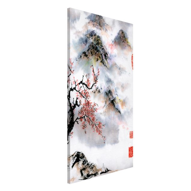 køkken dekorationer Japanese Watercolour Drawing Cherry Tree And Mountains