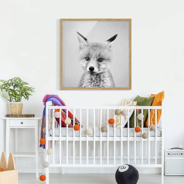 Indrammede plakater dyr Baby Fox Fritz Black And White