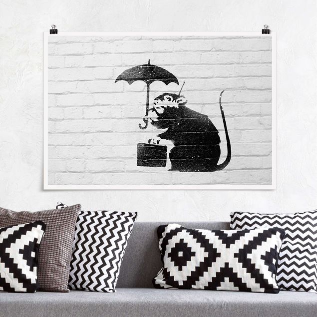 Plakater sort og hvid Ratte mit Regenschirm - Brandalised ft. Graffiti by Banksy