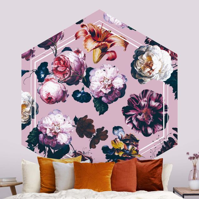 Barok tapet Baroque Flowers With White Geometry In Pink