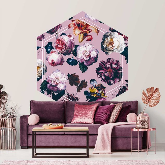 Blomster tapet Baroque Flowers With White Geometry In Pink