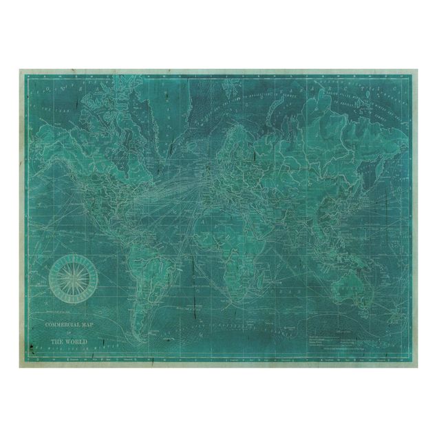 Prints på træ vintage Vintage World Map Azure