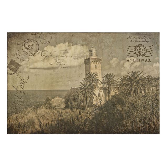Prints på træ landskaber Vintage Postcard With Lighthouse And Palm Trees