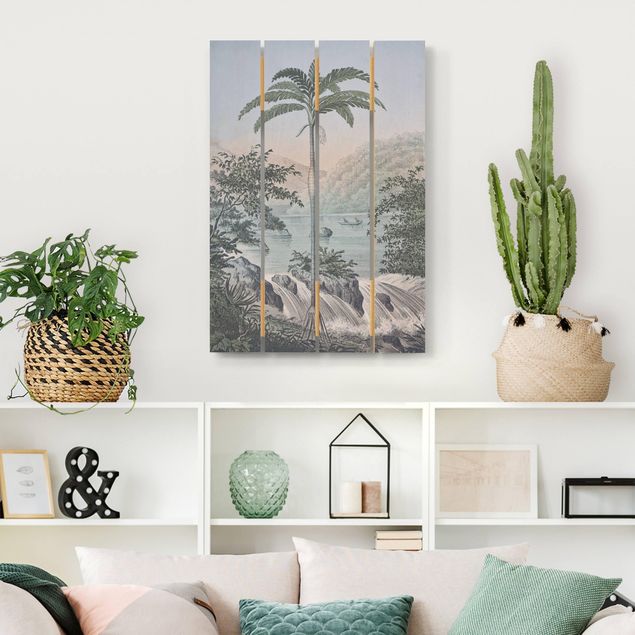 Prints på træ landskaber Vintage Illustration - Landscape With Palm Tree