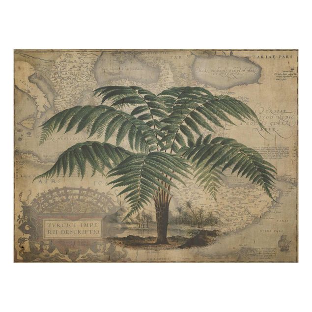 Prints på træ blomster Vintage Collage - Palm And World Map