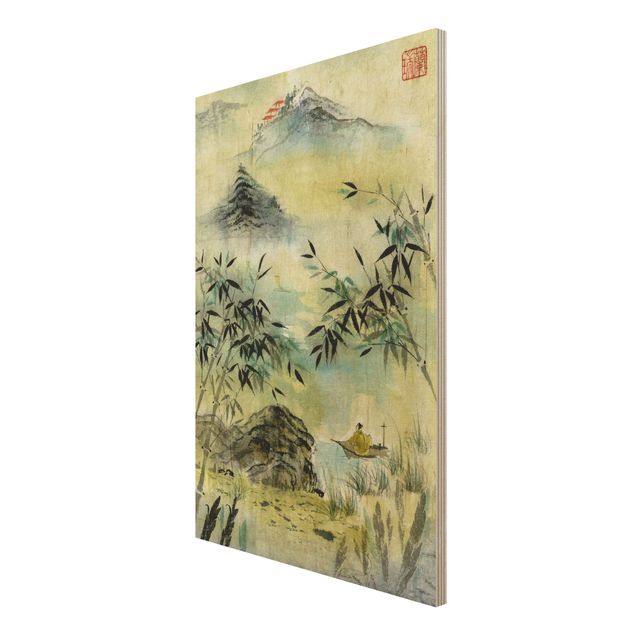 Prints på træ vintage Japanese Watercolour Drawing Bamboo Forest