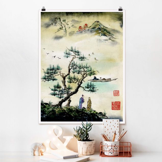 køkken dekorationer Japanese Watercolour Drawing Pine And Mountain Village