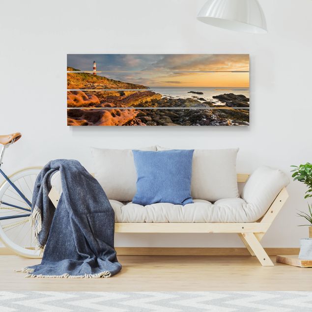 Prints på træ landskaber Tarbat Ness Ocean & Lighthouse At Sunset