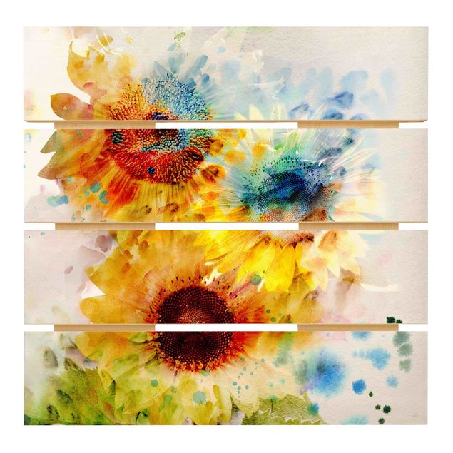 Prints på træ Watercolour Flowers Sunflowers