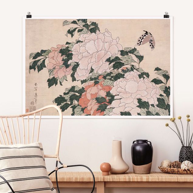 køkken dekorationer Katsushika Hokusai - Pink Peonies With Butterfly