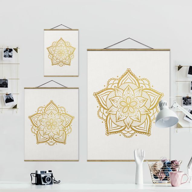 Stofbilleder Mandala Flower Illustration White Gold
