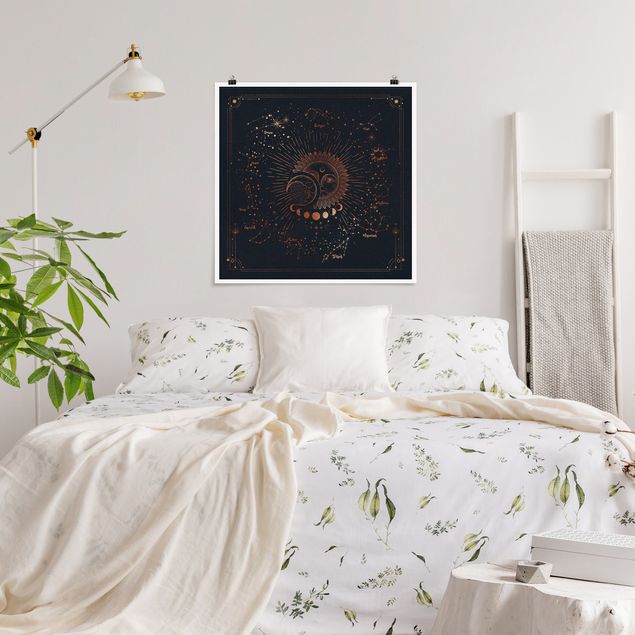 Plakater verdenskort Astrology Sun Moon And Stars Blue Gold