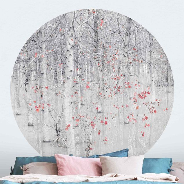 Tapet moderne Birch Tree Forest With Light Pink Leaves
