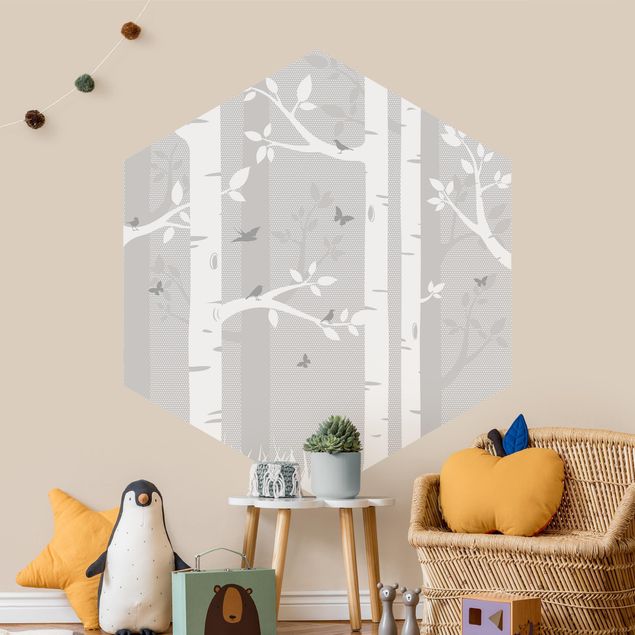 Moderne tapet Birch Forest With Butterflies And Birds