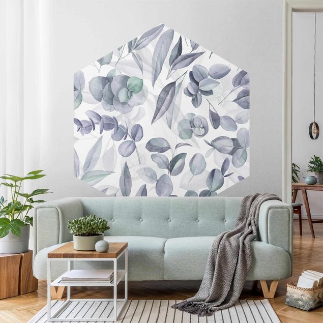 Mønstret tapeter Blue Watercolour Eucalyptus Leaves