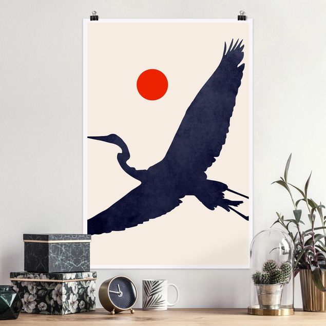 Plakater kunsttryk Blue Crane In Front Of Red Sun