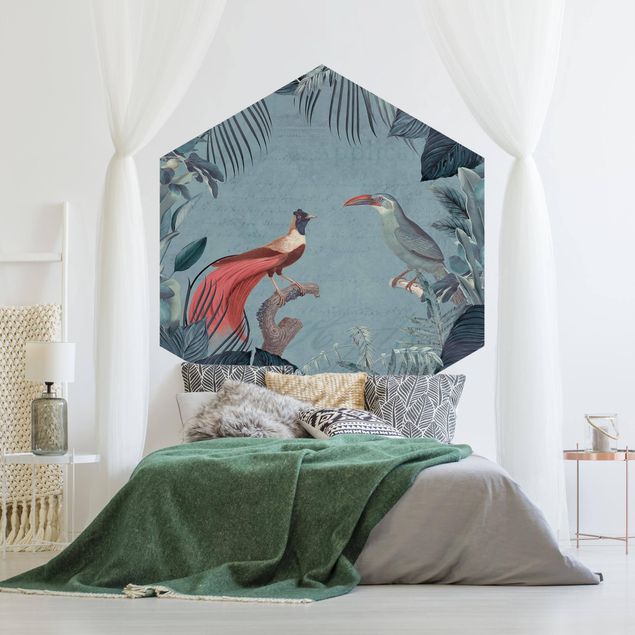 Tapet moderne Blue Gray Paradise With Tropical Birds