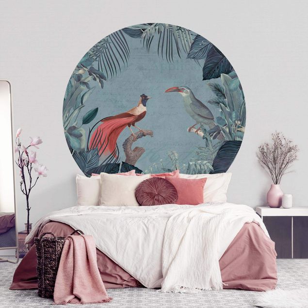 Tapet med fugle Blue Grey Paradise With Tropical Birds