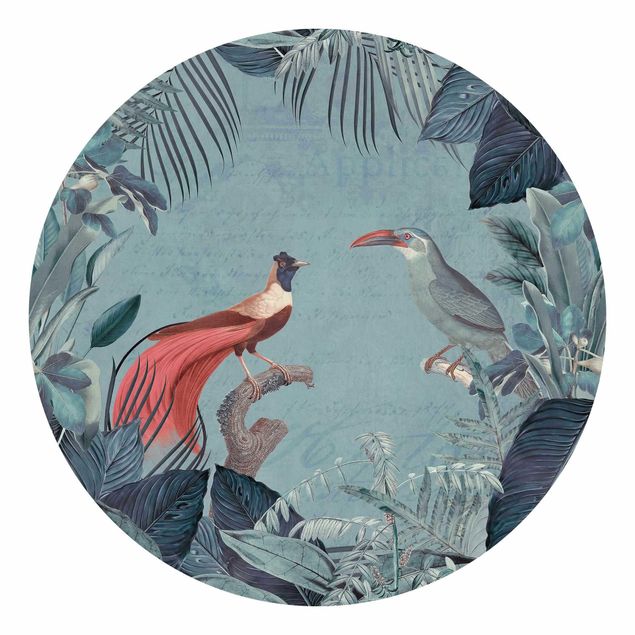 Moderne tapet Blue Grey Paradise With Tropical Birds