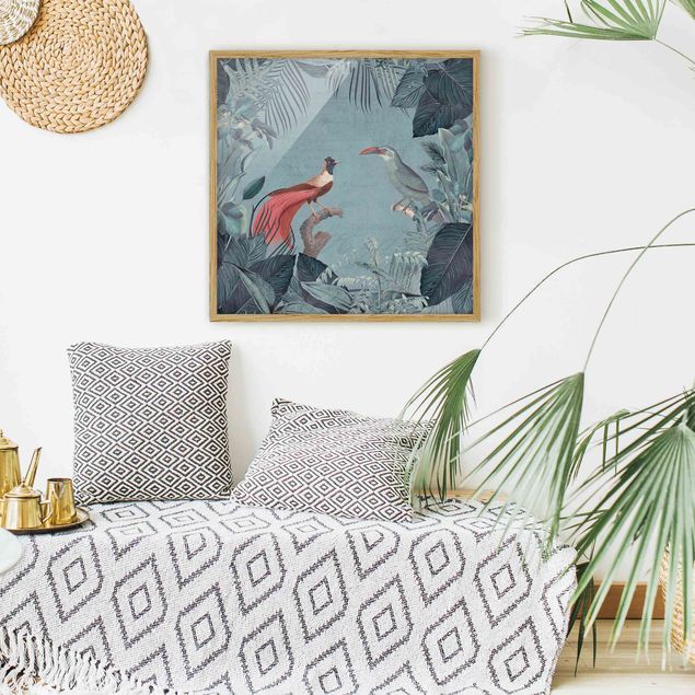 Billeder blomster Blue Gray Paradise With Tropical Birds