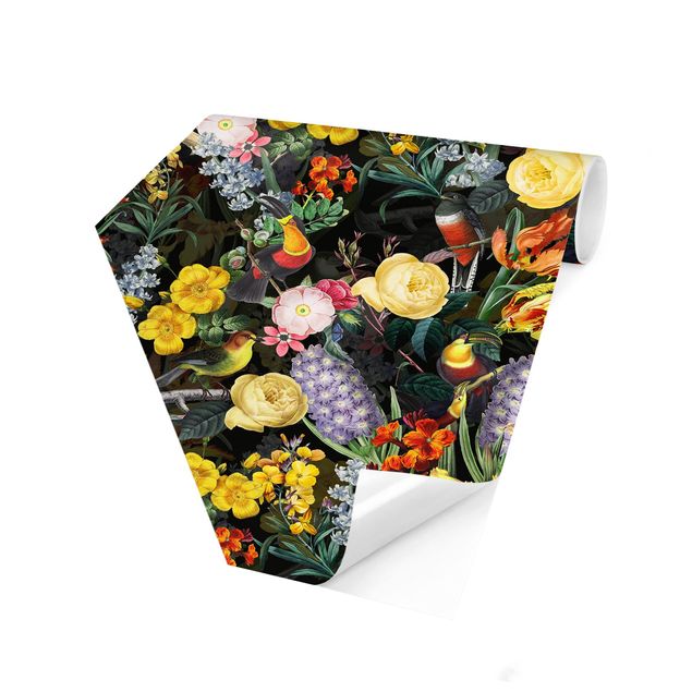 Moderne tapet Flowers With Colourful Tropical Birds