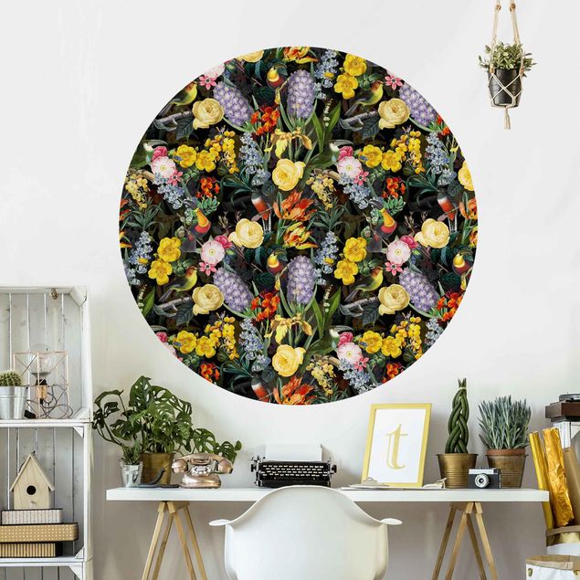Tapet med fugle Flowers With Colourful Tropical Birds
