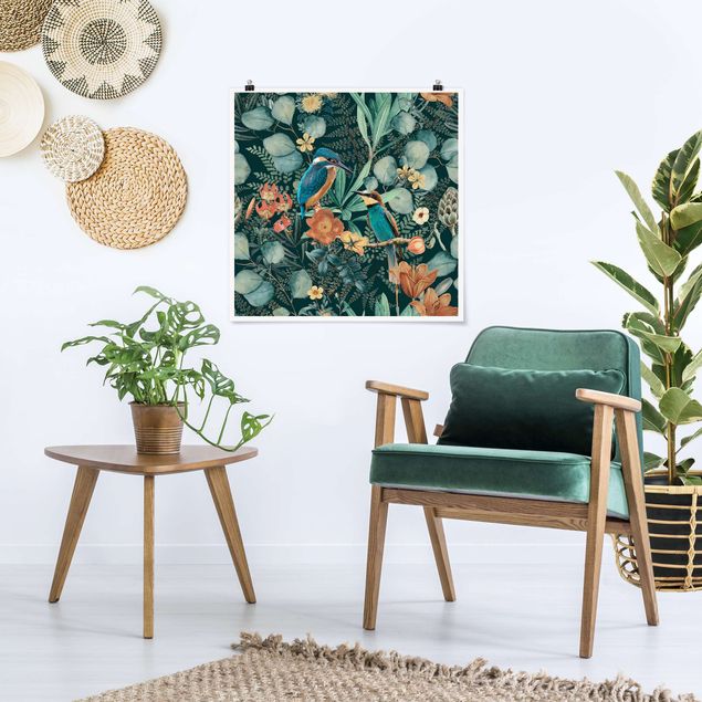Plakater blomster Floral Paradise Kingfisher And Hummingbird