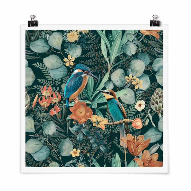 Plakater kunsttryk Floral Paradise Kingfisher And Hummingbird