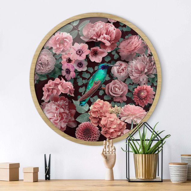 Rund billeder Floral Paradise Hummingbird With Roses
