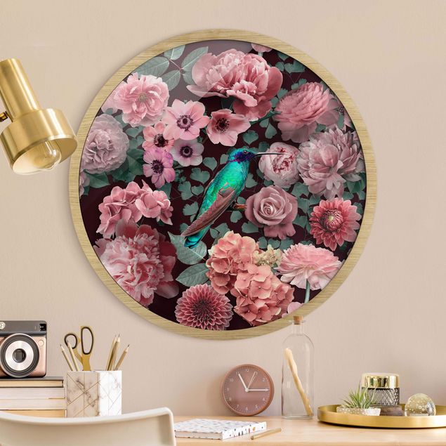 Indrammede plakater blomster Floral Paradise Hummingbird With Roses