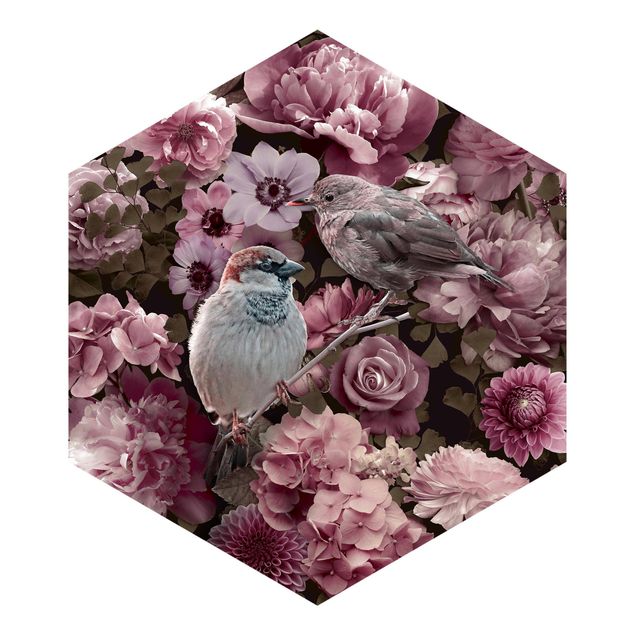 Sekskantede Tapeter Floral Paradise Sparrow In Antique Pink
