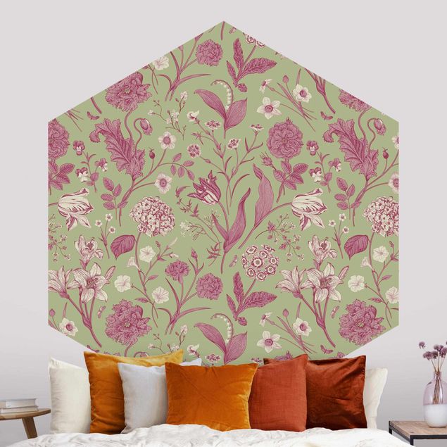 Tapet blomster Flower Dance In Mint Green And Pink Pastel