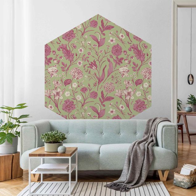 Tapet med mønster Flower Dance In Mint Green And Pink Pastel