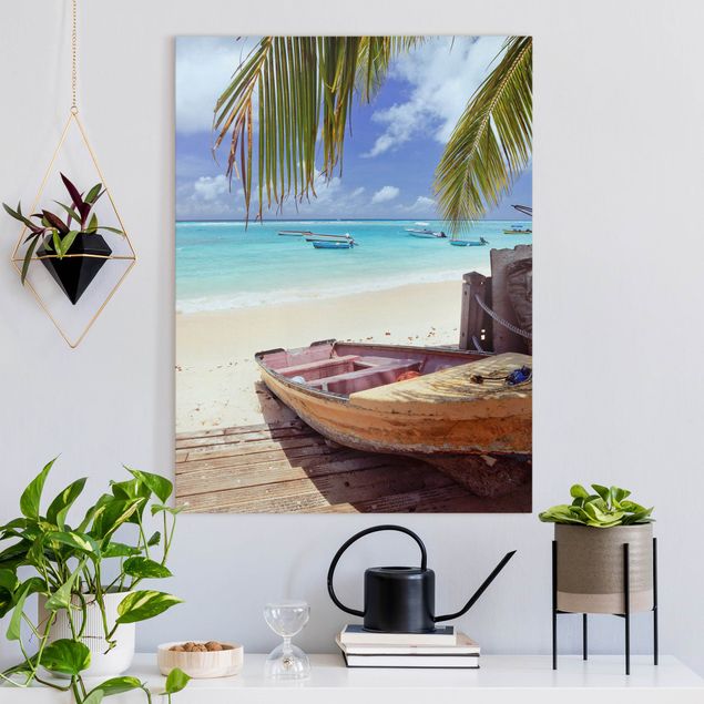 Billeder på lærred caribien Boat Beneath Palm Trees