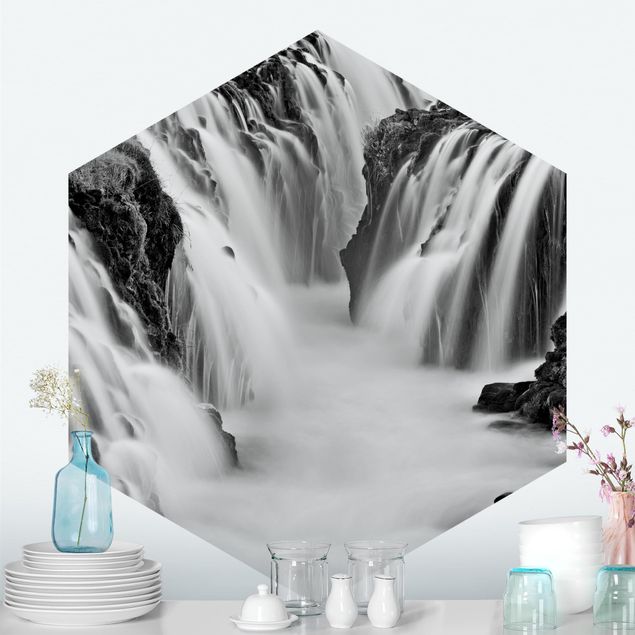 Fototapet vandfald Brúarfoss Waterfall In Iceland Black And White