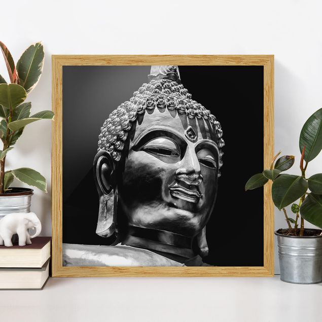 Indrammede plakater sort og hvid Buddha Statue Face