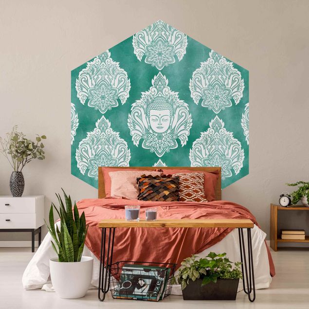Moderne tapet Buddha And Lotus Emerald Pattern