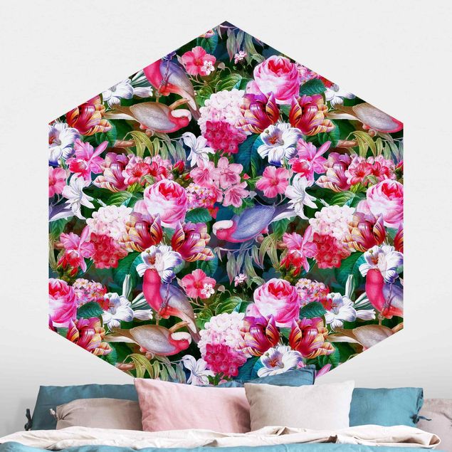 Fototapet roser Colourful Tropical Flowers With Birds Pink